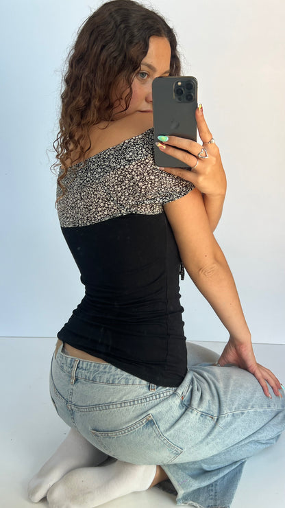 00s black floral babydoll top- size M