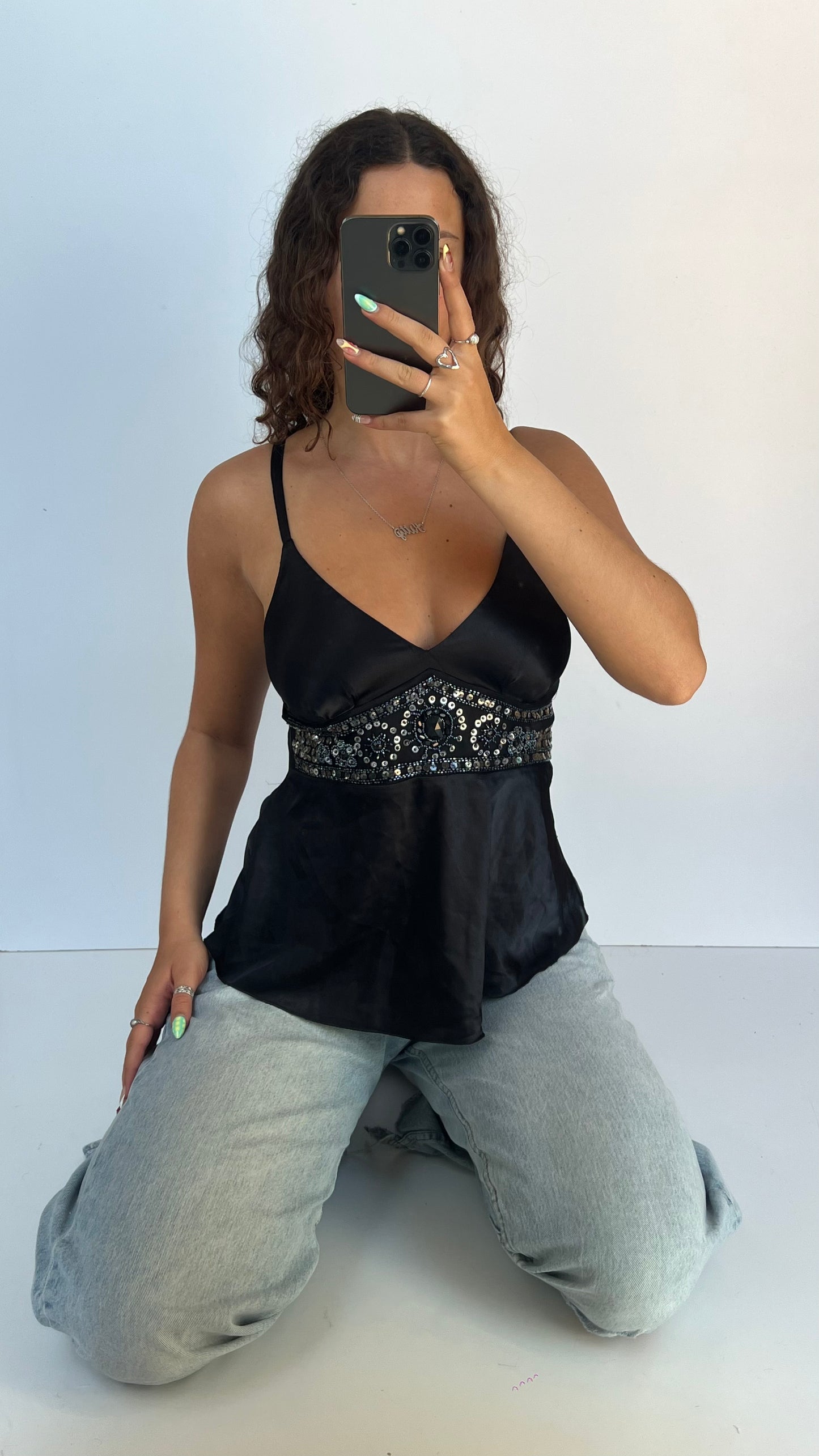 00s black satin beaded cami- size M