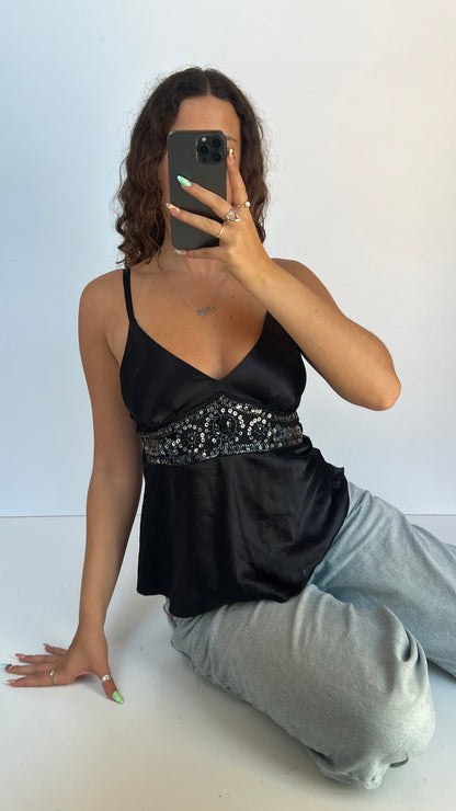 00s black satin beaded cami- size M