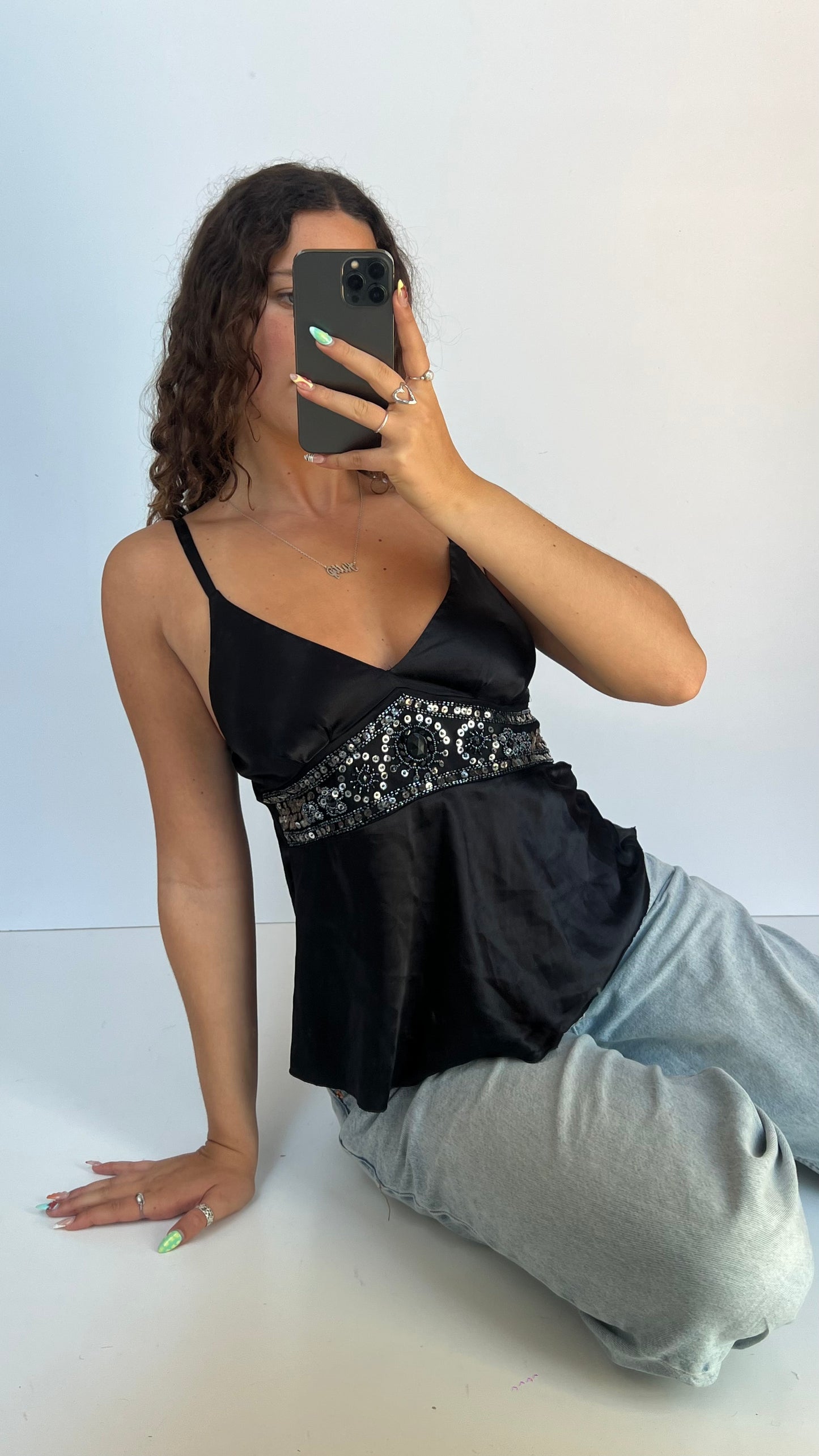 00s black satin beaded cami- size M