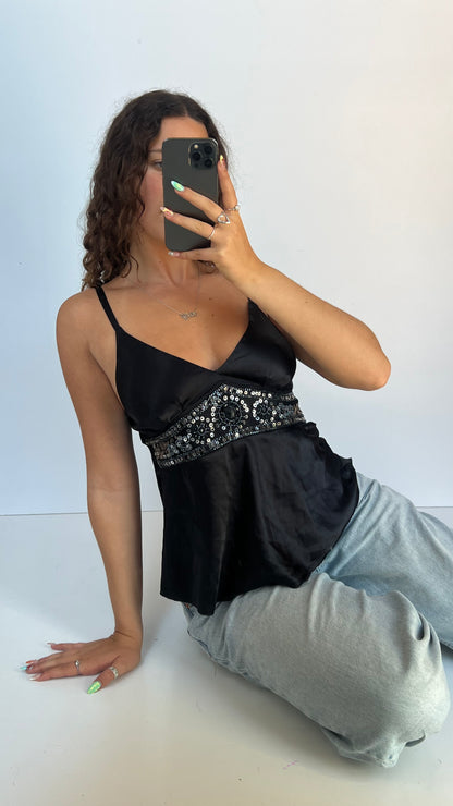 00s black satin beaded cami- size M