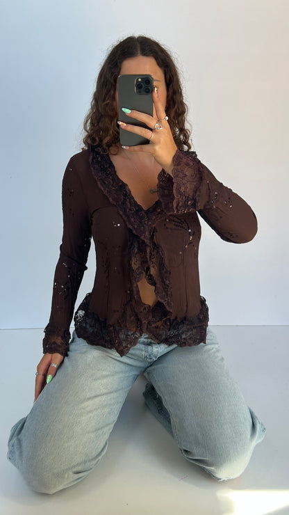 00s brown mesh sequin top- size S