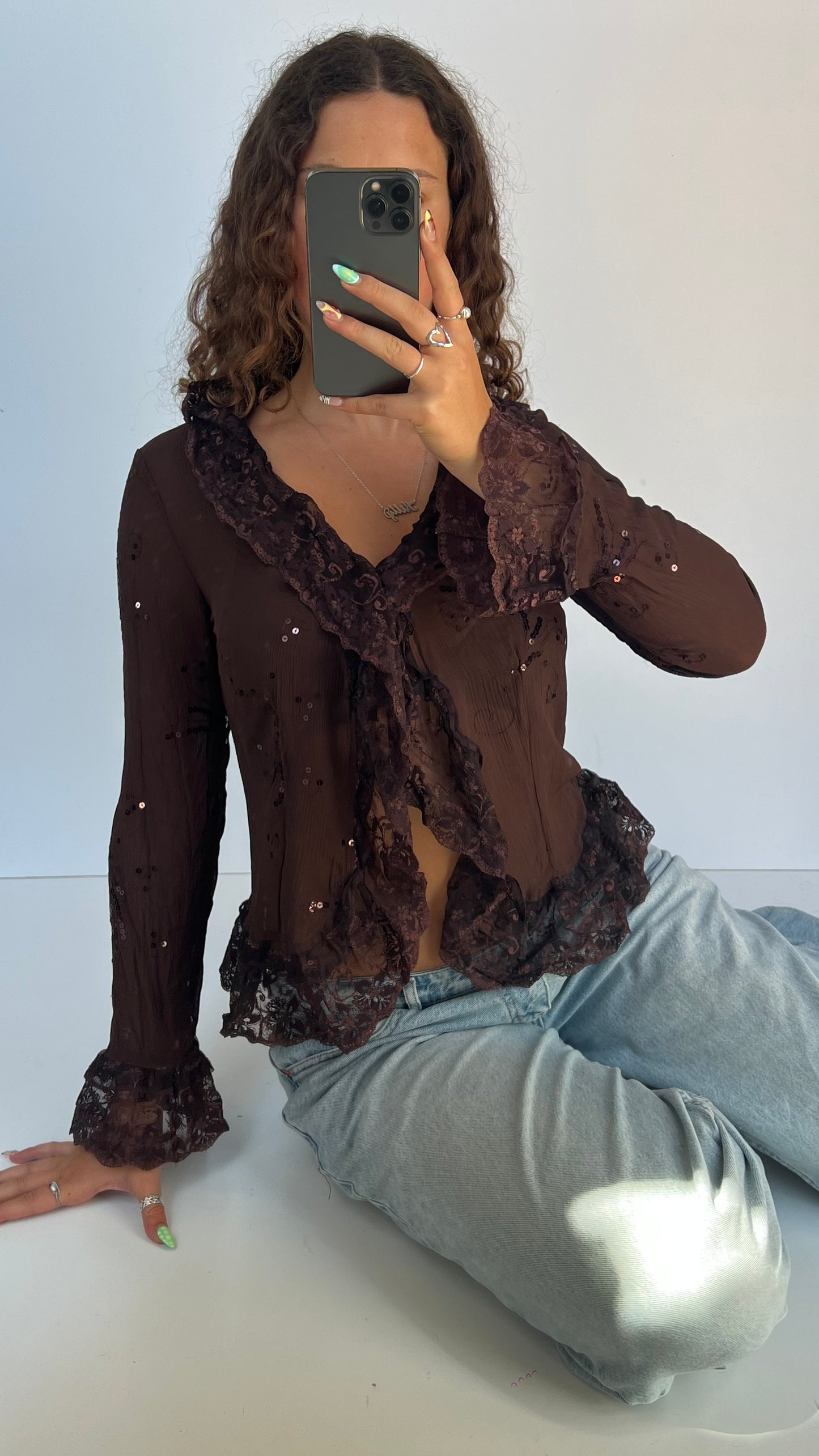 00s brown mesh sequin top- size S