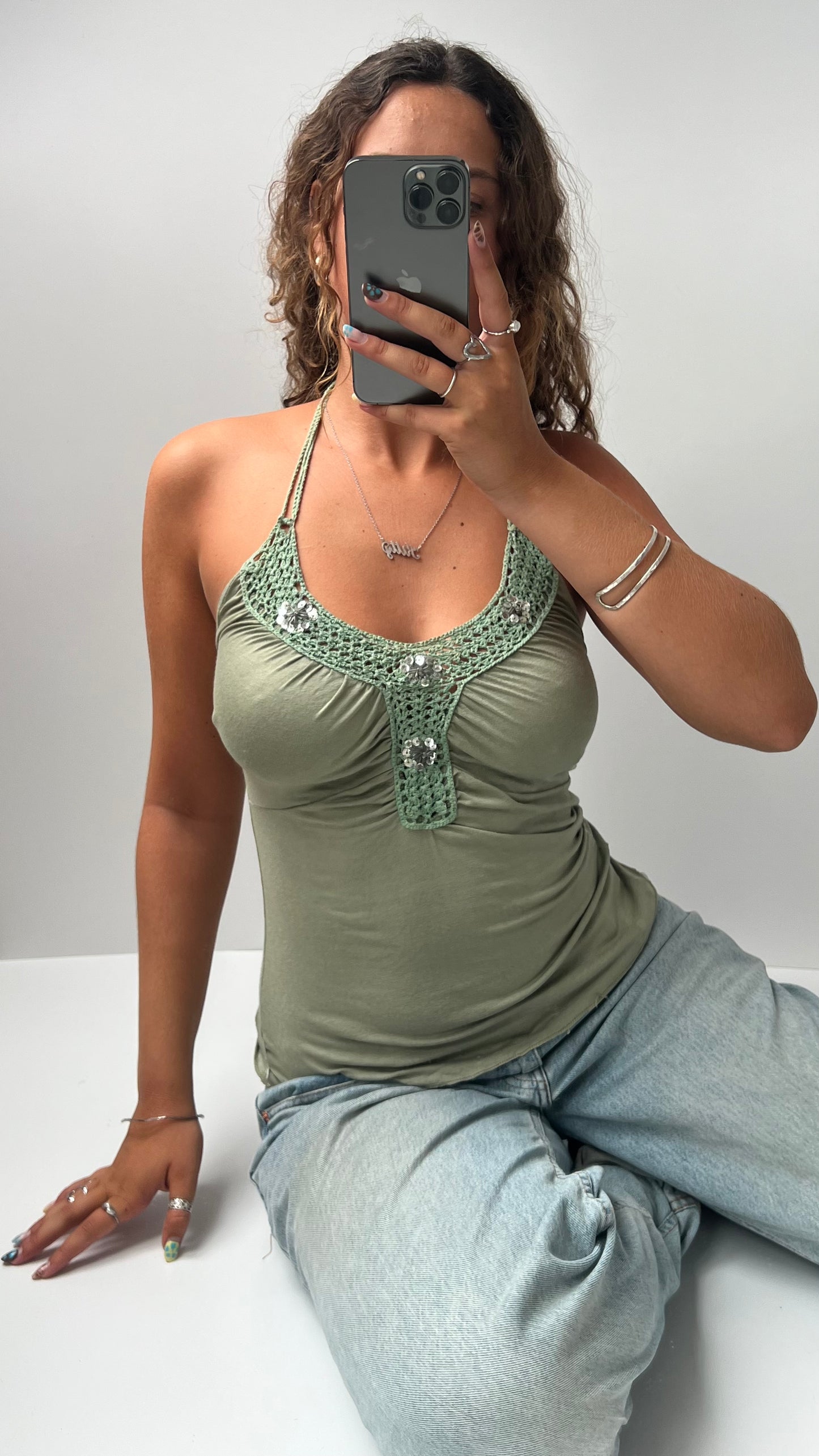 00s green crochet cami- size S