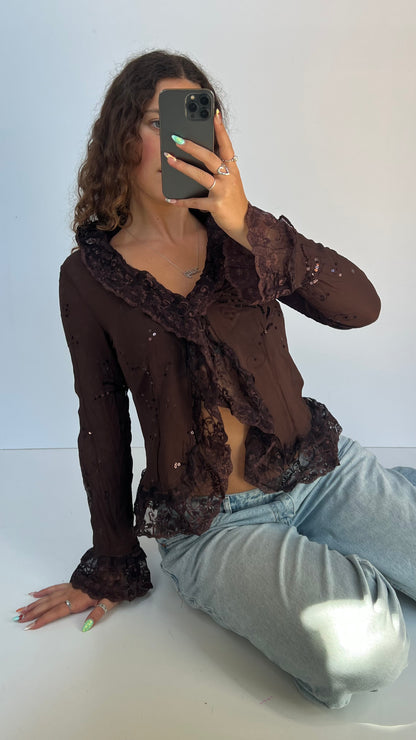 00s brown mesh sequin top- size S