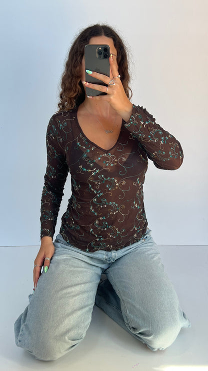 00s brown floral mesh top- size M/L