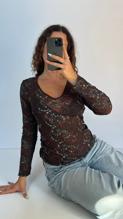 00s brown floral mesh top- size M/L