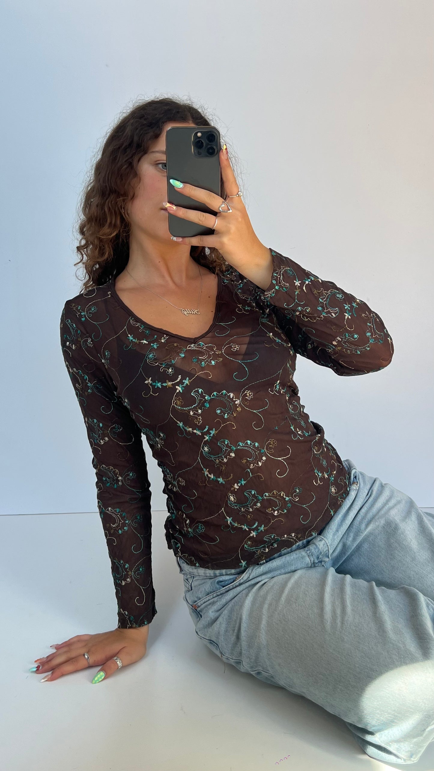 00s brown floral mesh top- size M/L
