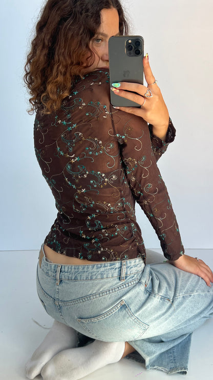 00s brown floral mesh top- size M/L