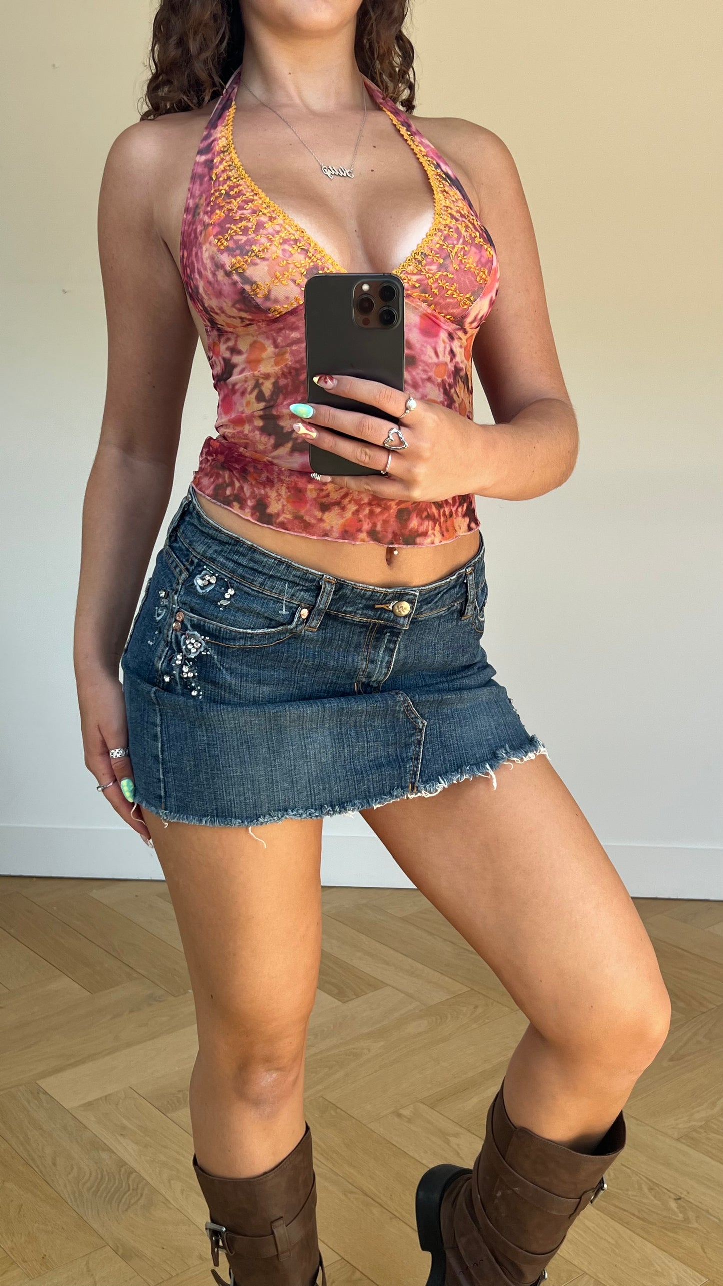 00s diamanté denim mini skirt- size M
