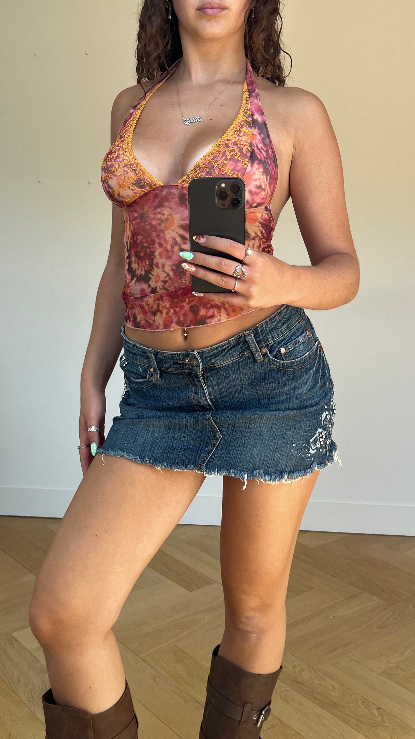 00s diamanté denim mini skirt- size M
