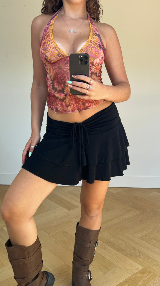 00s black ruffle mini skirt- size L