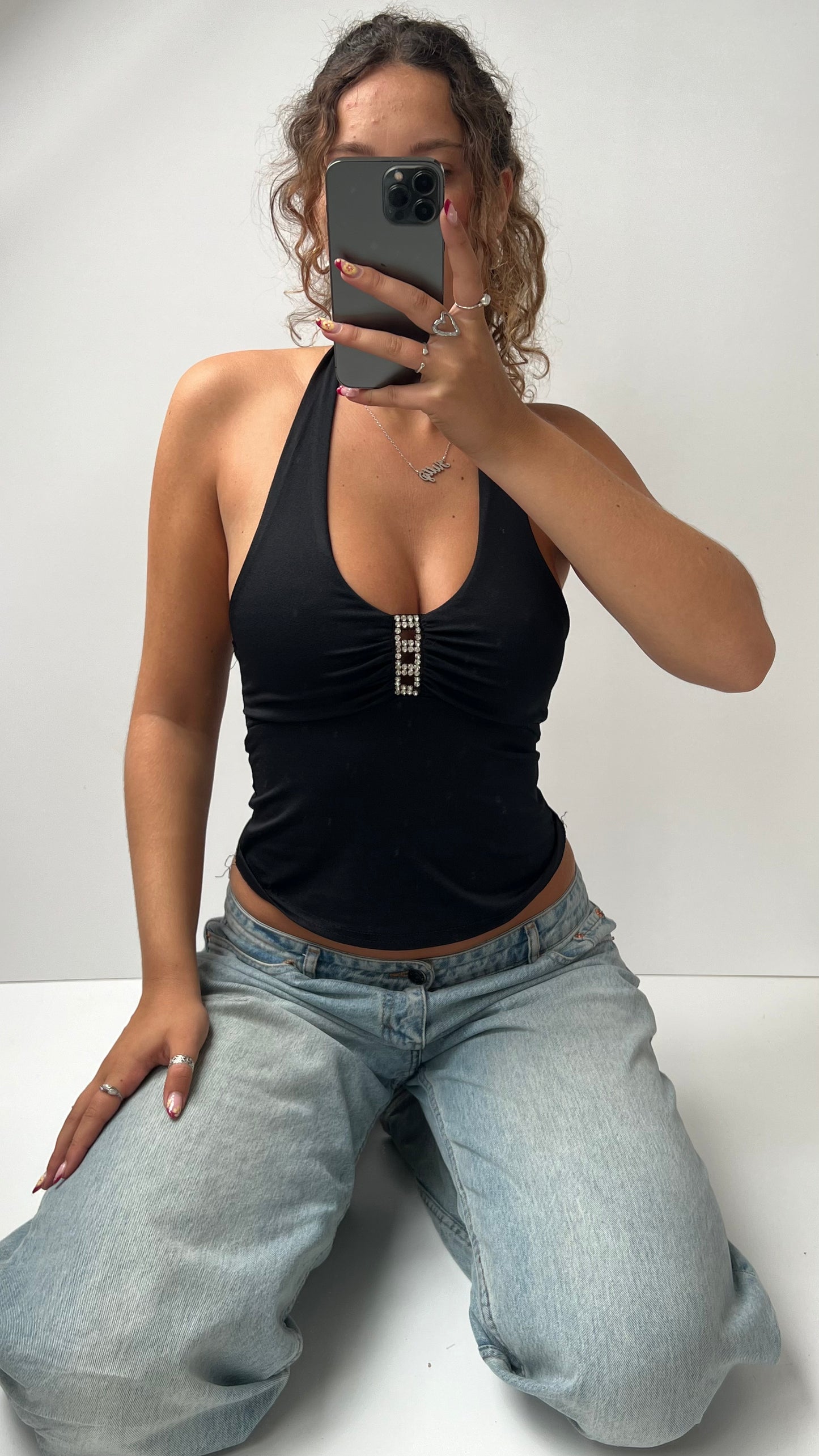 00s black diamente halter cami- size S