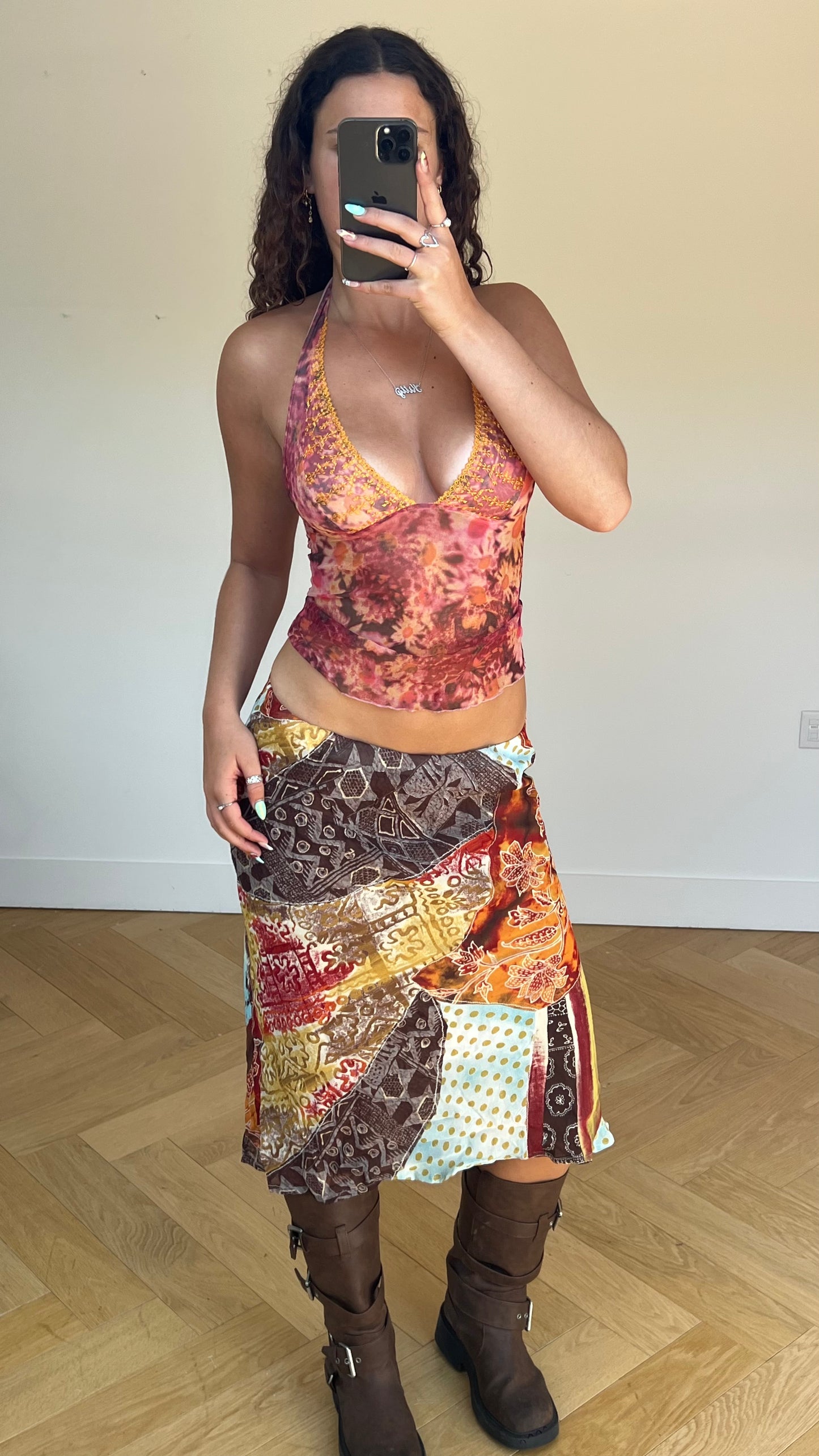 00s orange patchwork midi skirt- size S