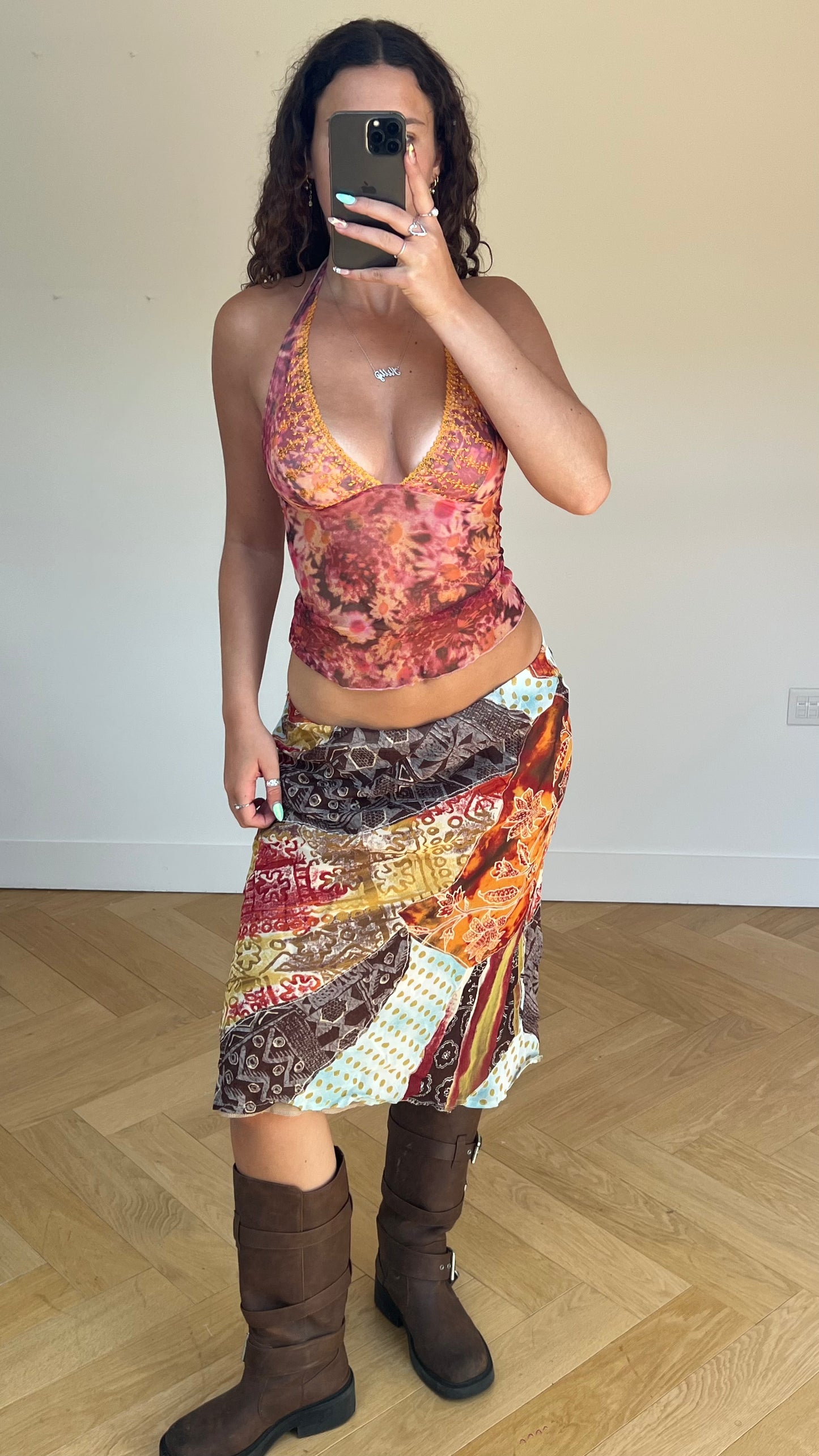 00s orange patchwork midi skirt- size S