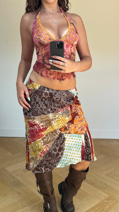 00s orange patchwork midi skirt- size S