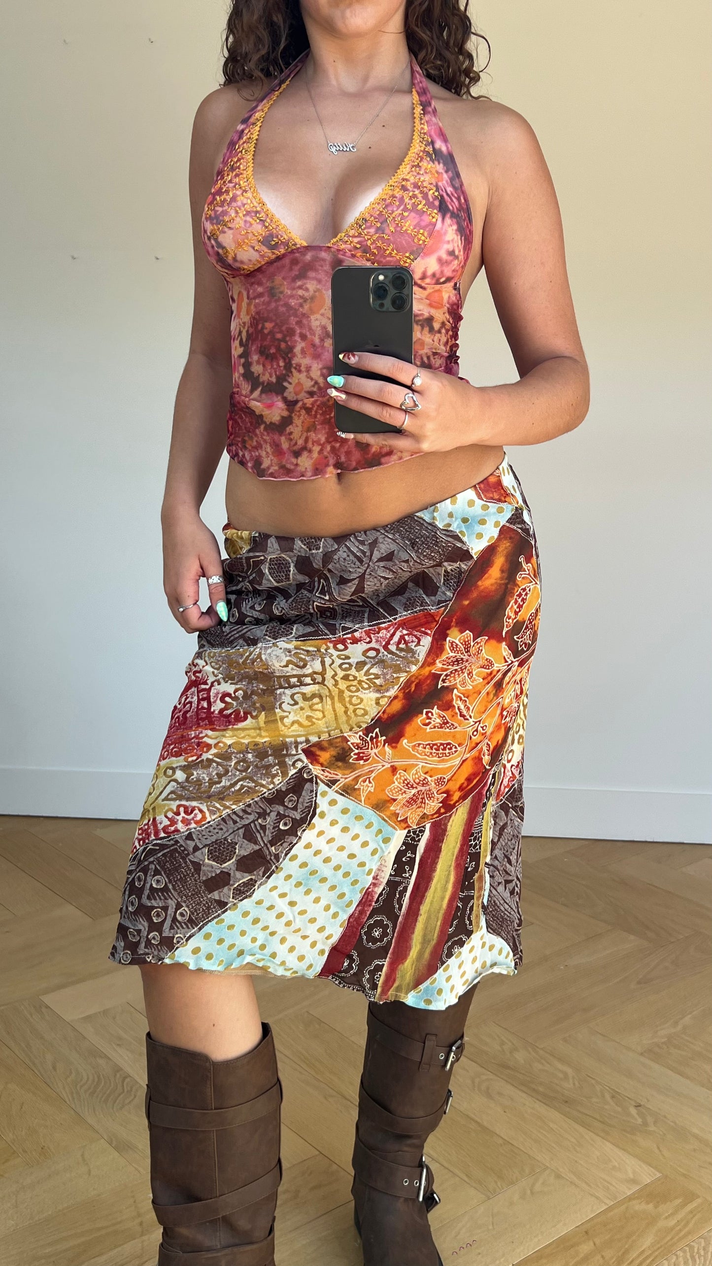 00s orange patchwork midi skirt- size S