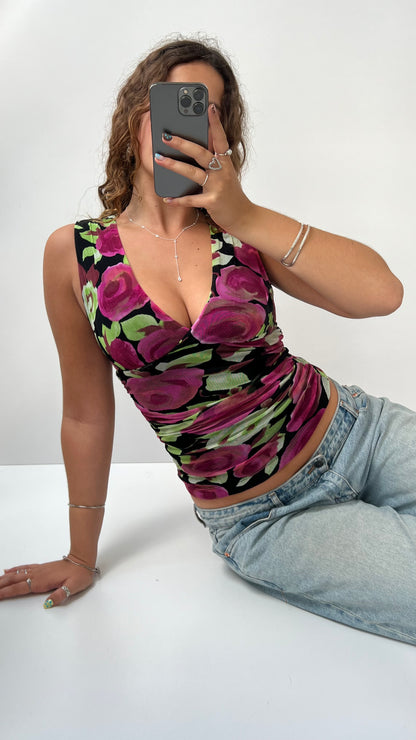 00s black pink floral top- size S