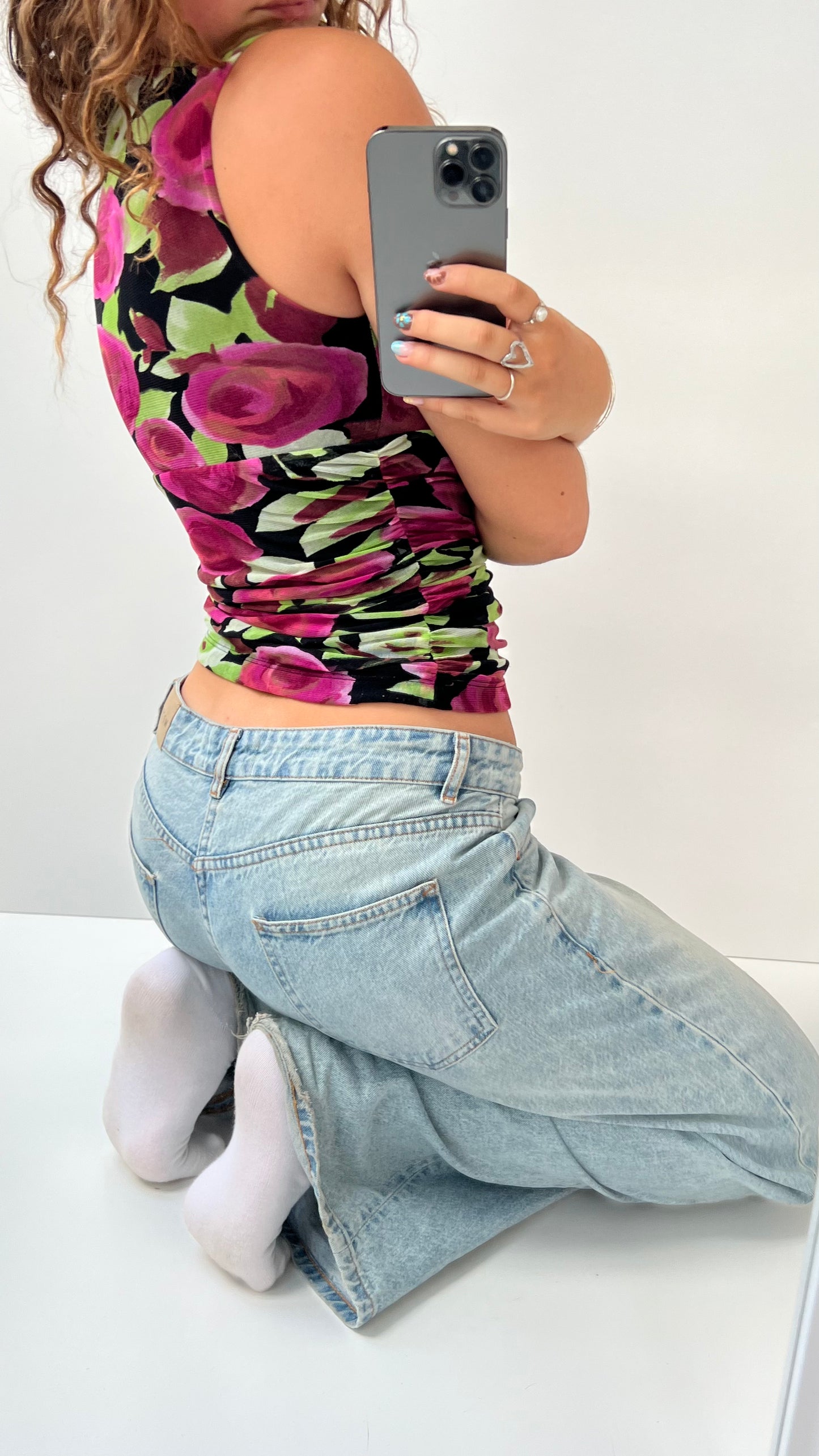 00s black pink floral top- size S