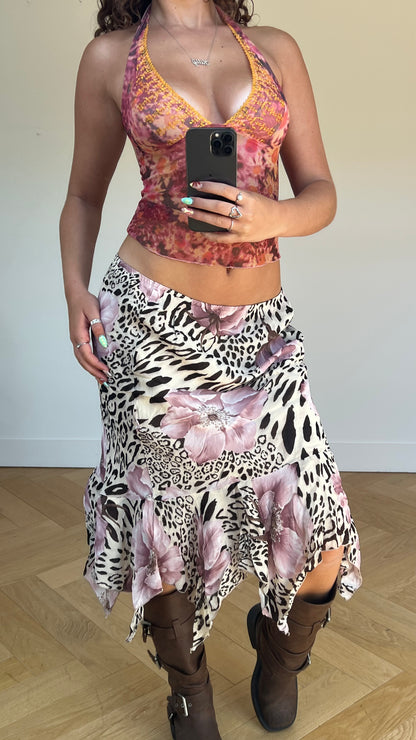00s leopard print floral skirt- size L
