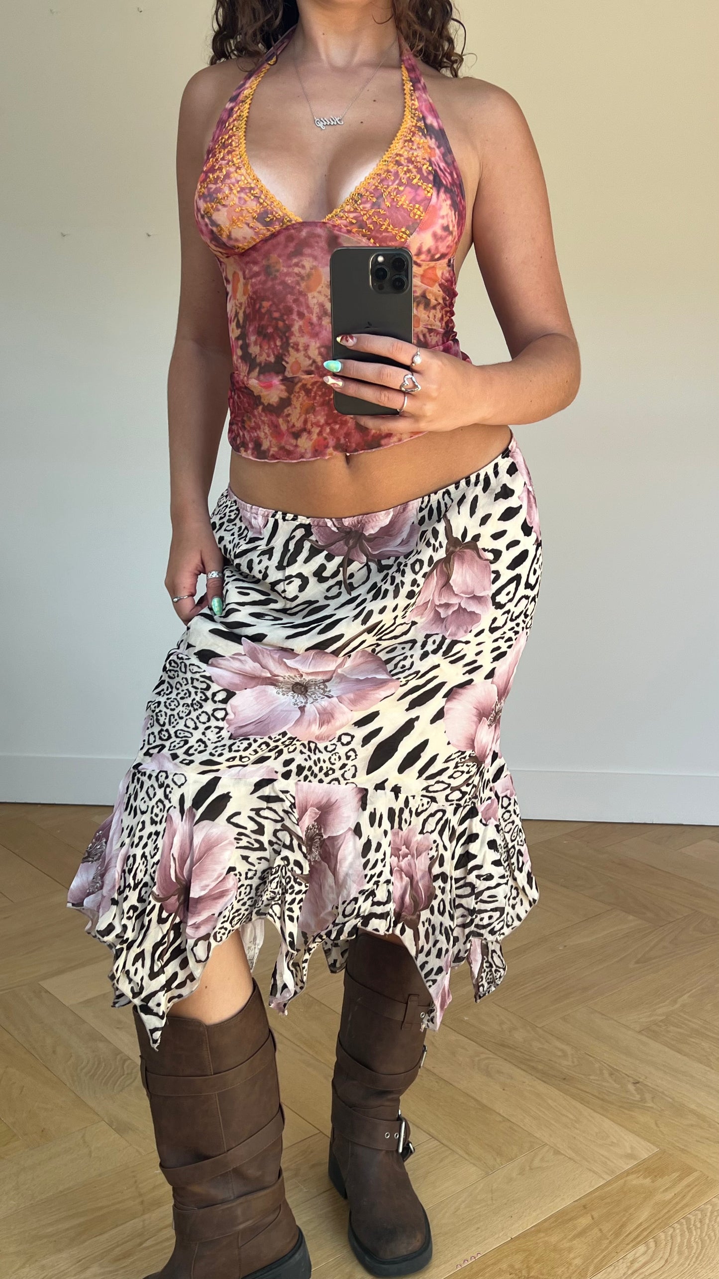 00s leopard print floral skirt- size L