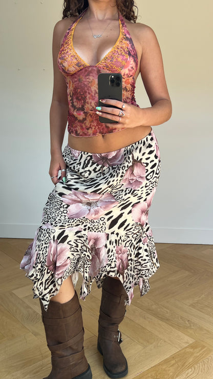 00s leopard print floral skirt- size L