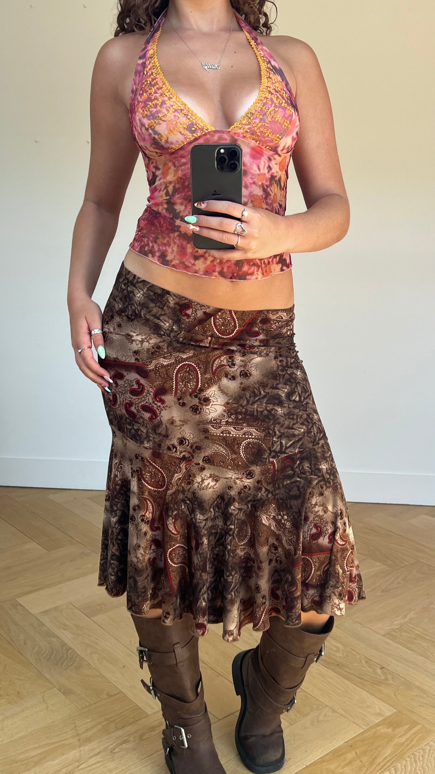 00s brown paisley midi skirt- size M