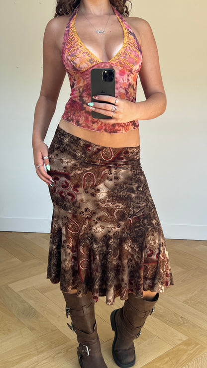 00s brown paisley midi skirt- size M
