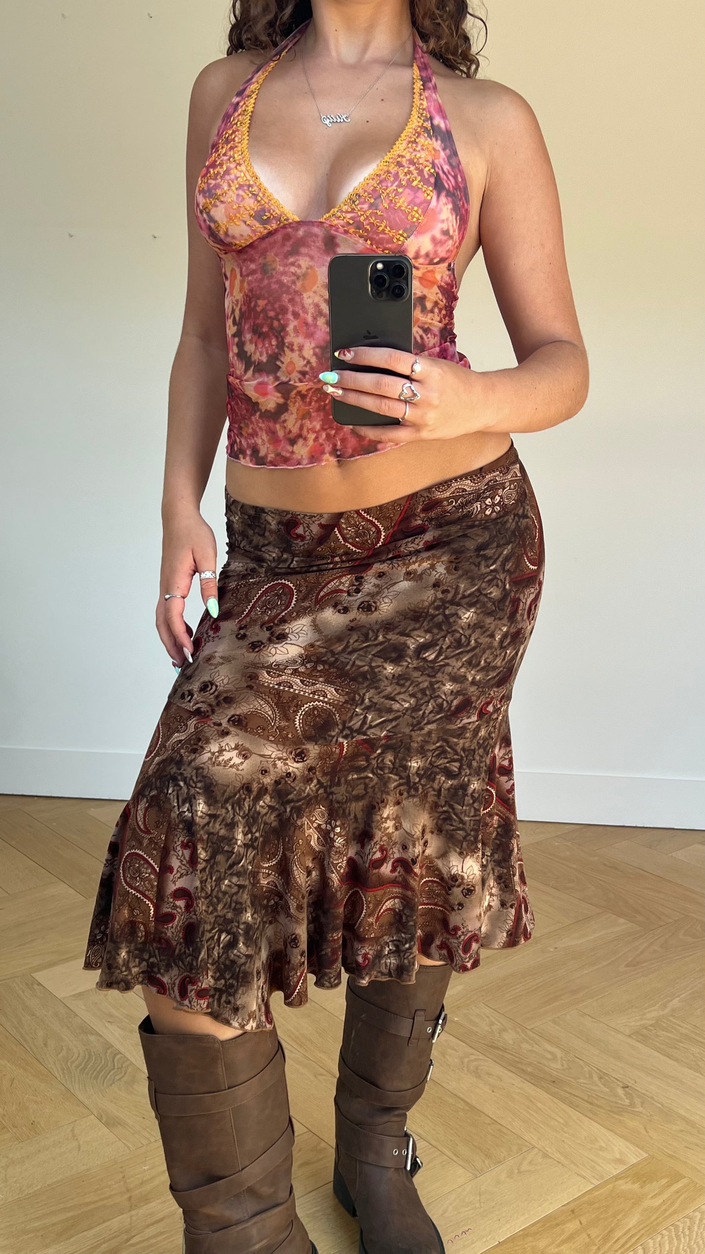 00s brown paisley midi skirt- size M