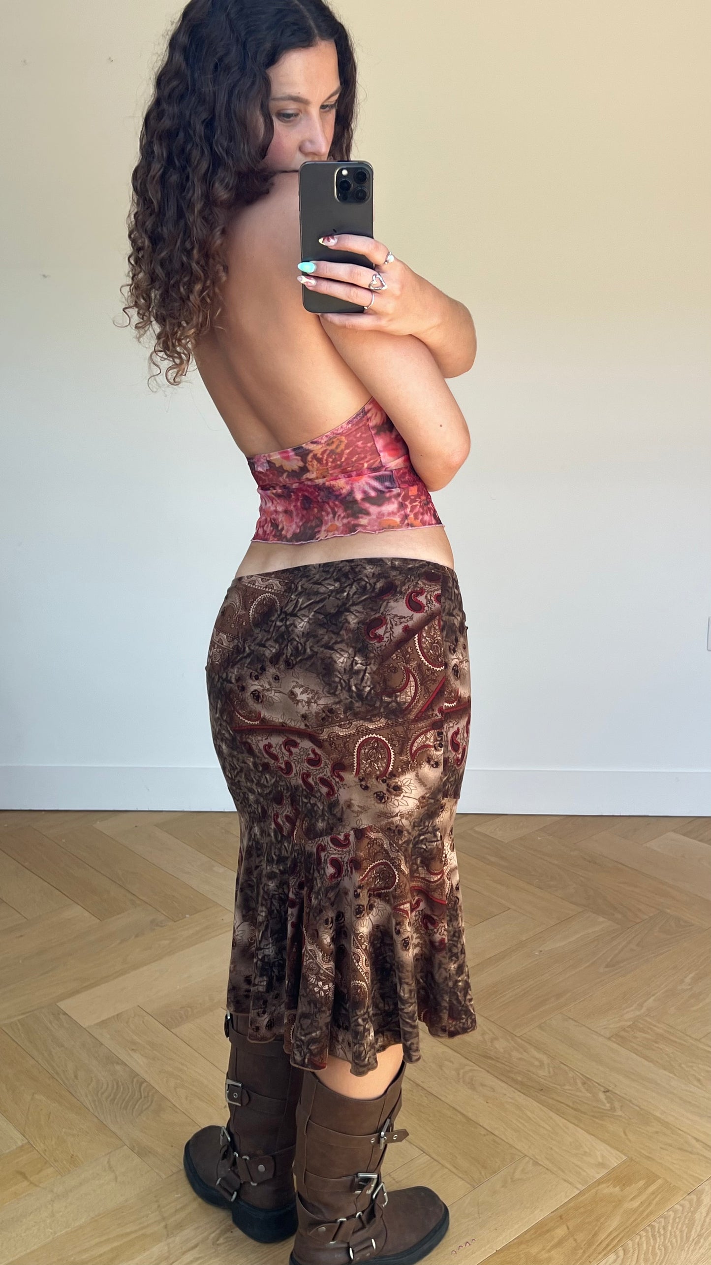 00s brown paisley midi skirt- size M