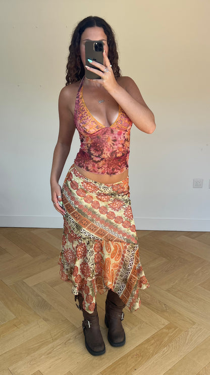 00s orange patterned mesh midi skirt- size XS