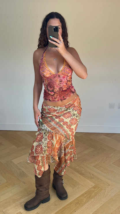 00s orange patterned mesh midi skirt- size XS