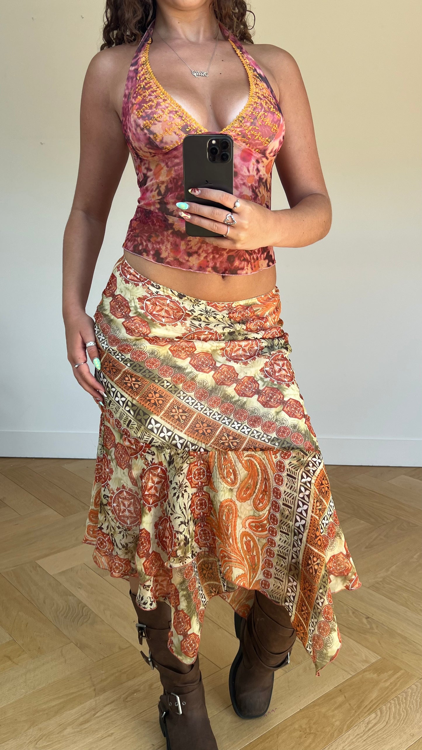 00s orange patterned mesh midi skirt- size XS