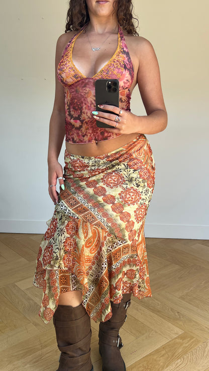 00s orange patterned mesh midi skirt- size XS