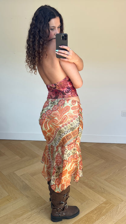 00s orange patterned mesh midi skirt- size XS