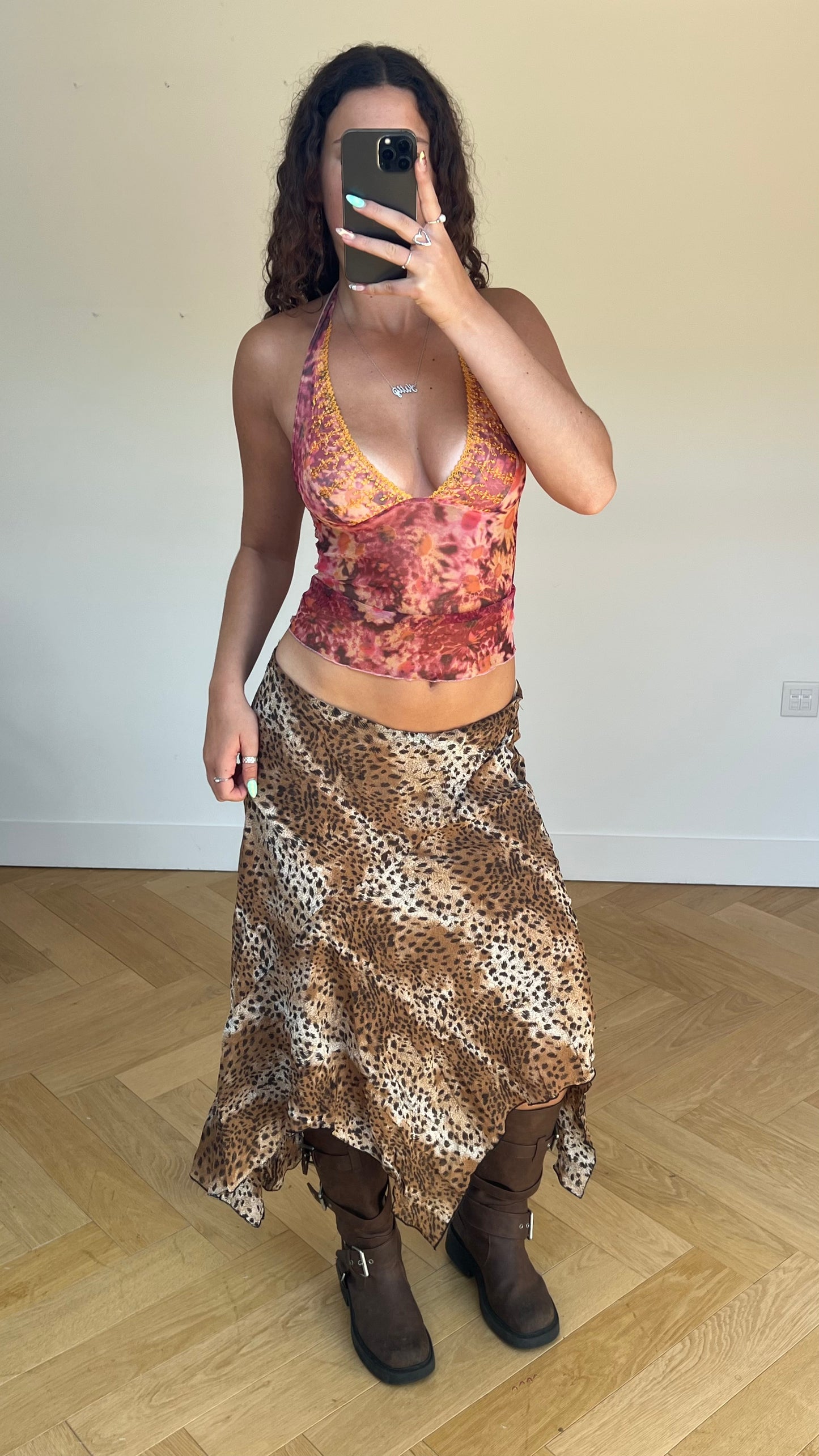 00s leopard print maxi skirt- size L