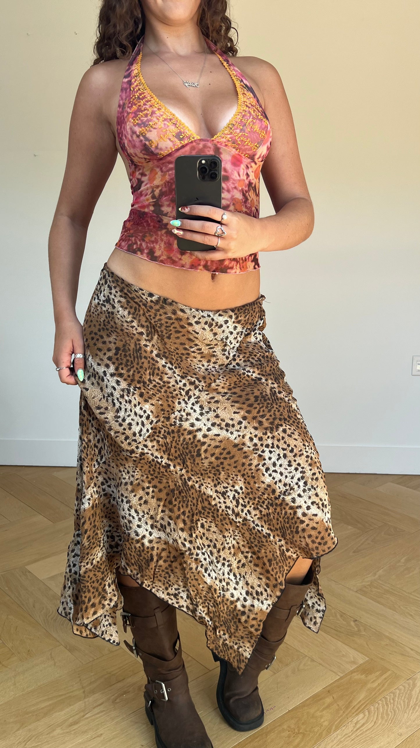 00s leopard print maxi skirt- size L