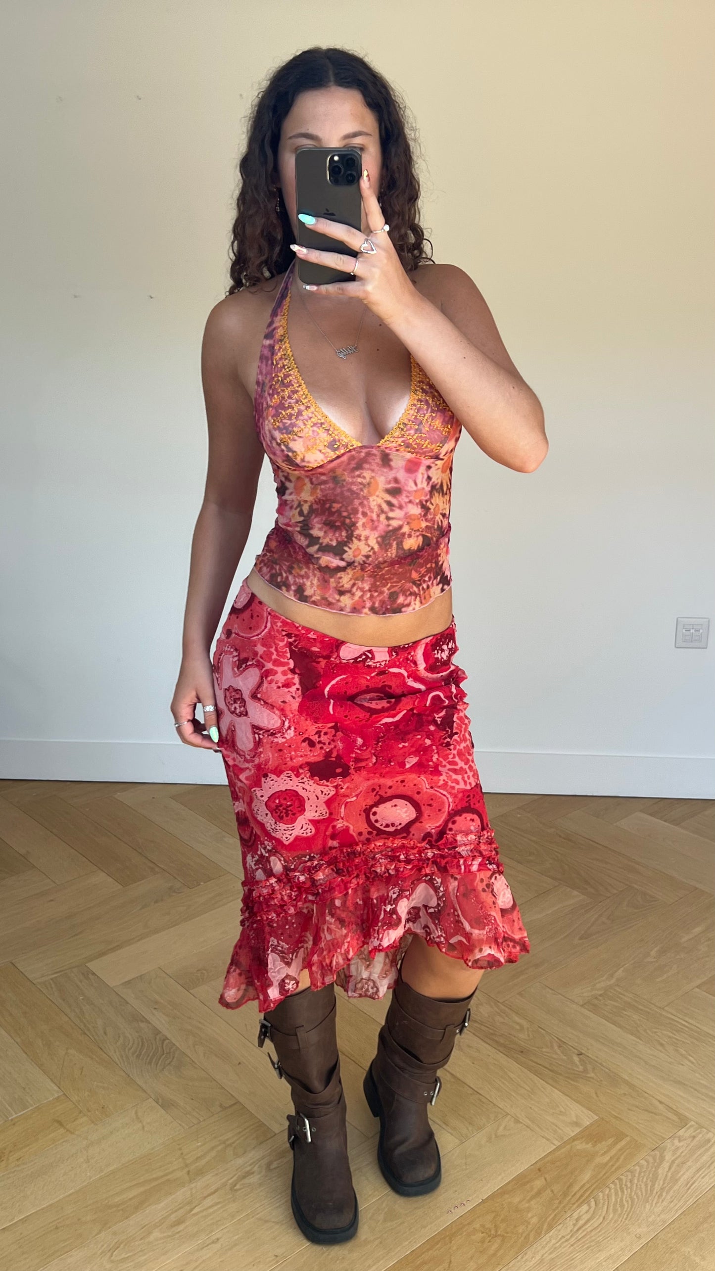 00s red floral mesh midi skirt- size M