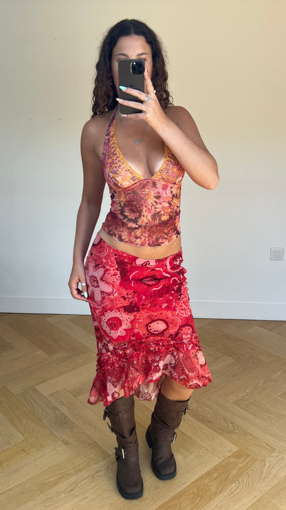 00s red floral mesh midi skirt- size M