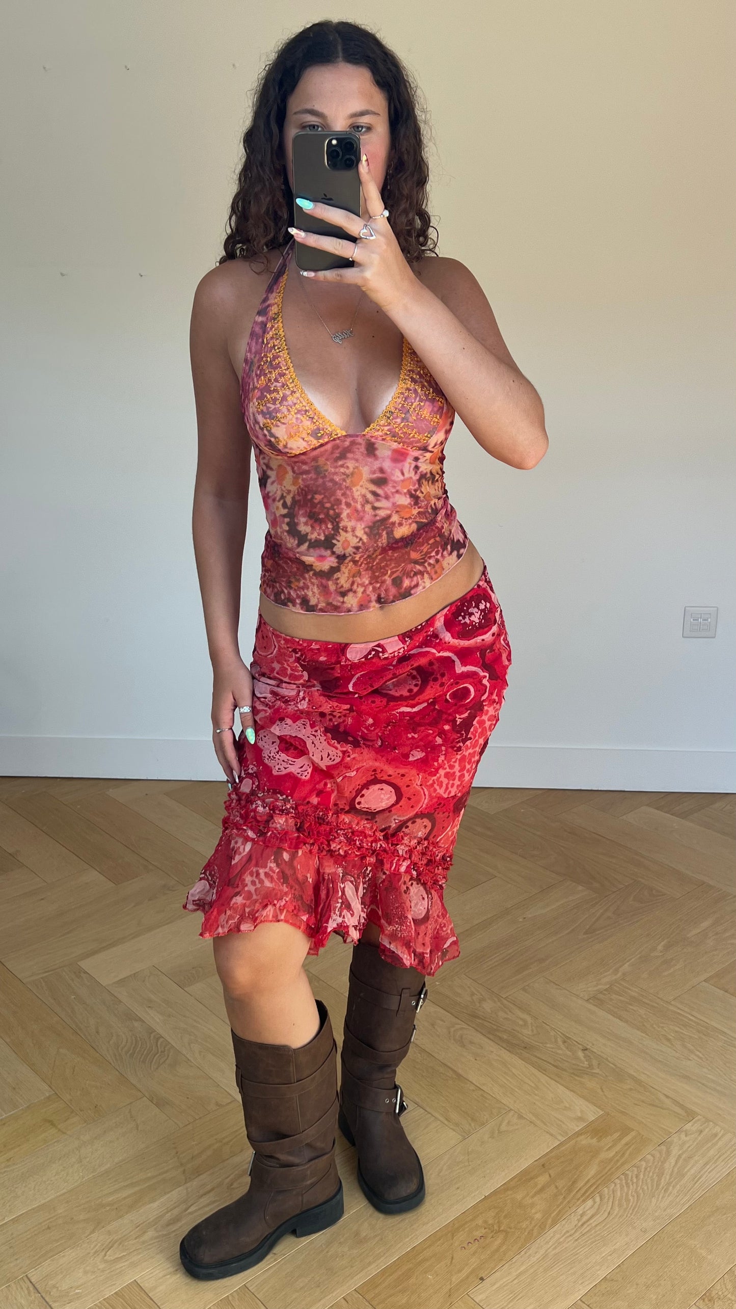 00s red floral mesh midi skirt- size M