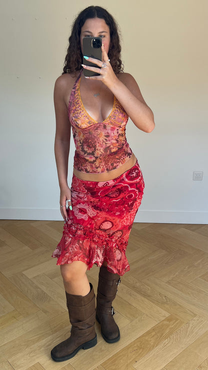 00s red floral mesh midi skirt- size M