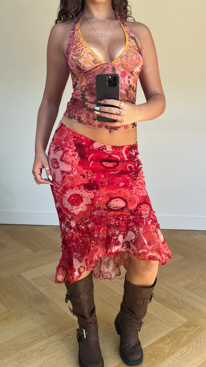 00s red floral mesh midi skirt- size M