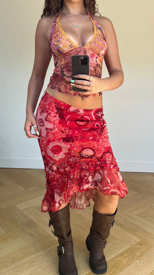00s red floral mesh midi skirt- size M