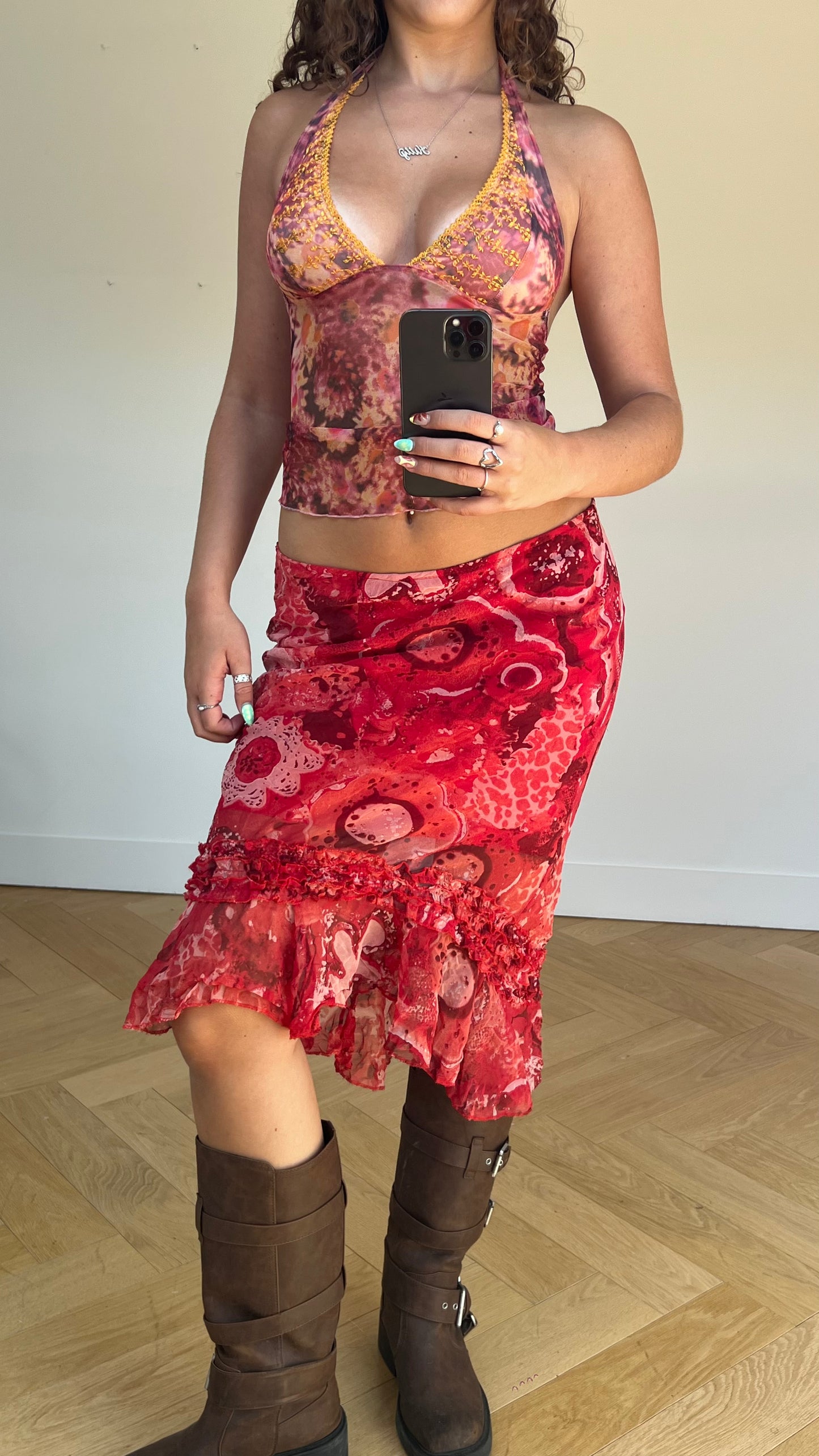 00s red floral mesh midi skirt- size M