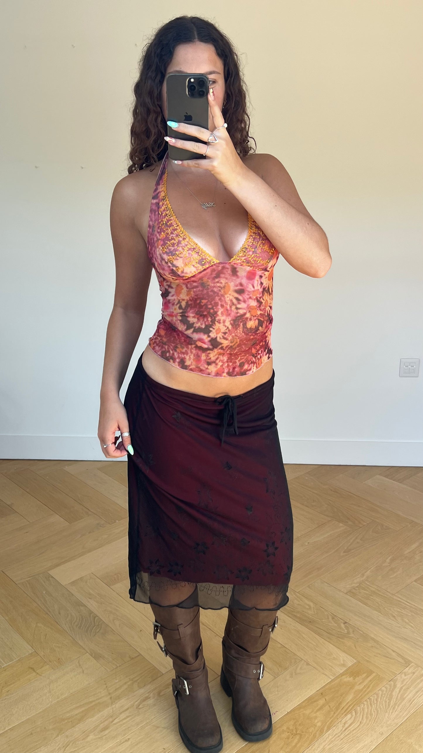 00s red mesh midi skirt- size L