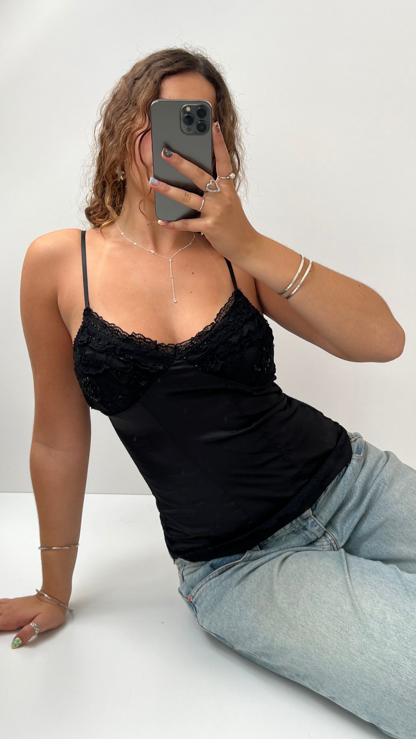 00s black satin lace cami- size M