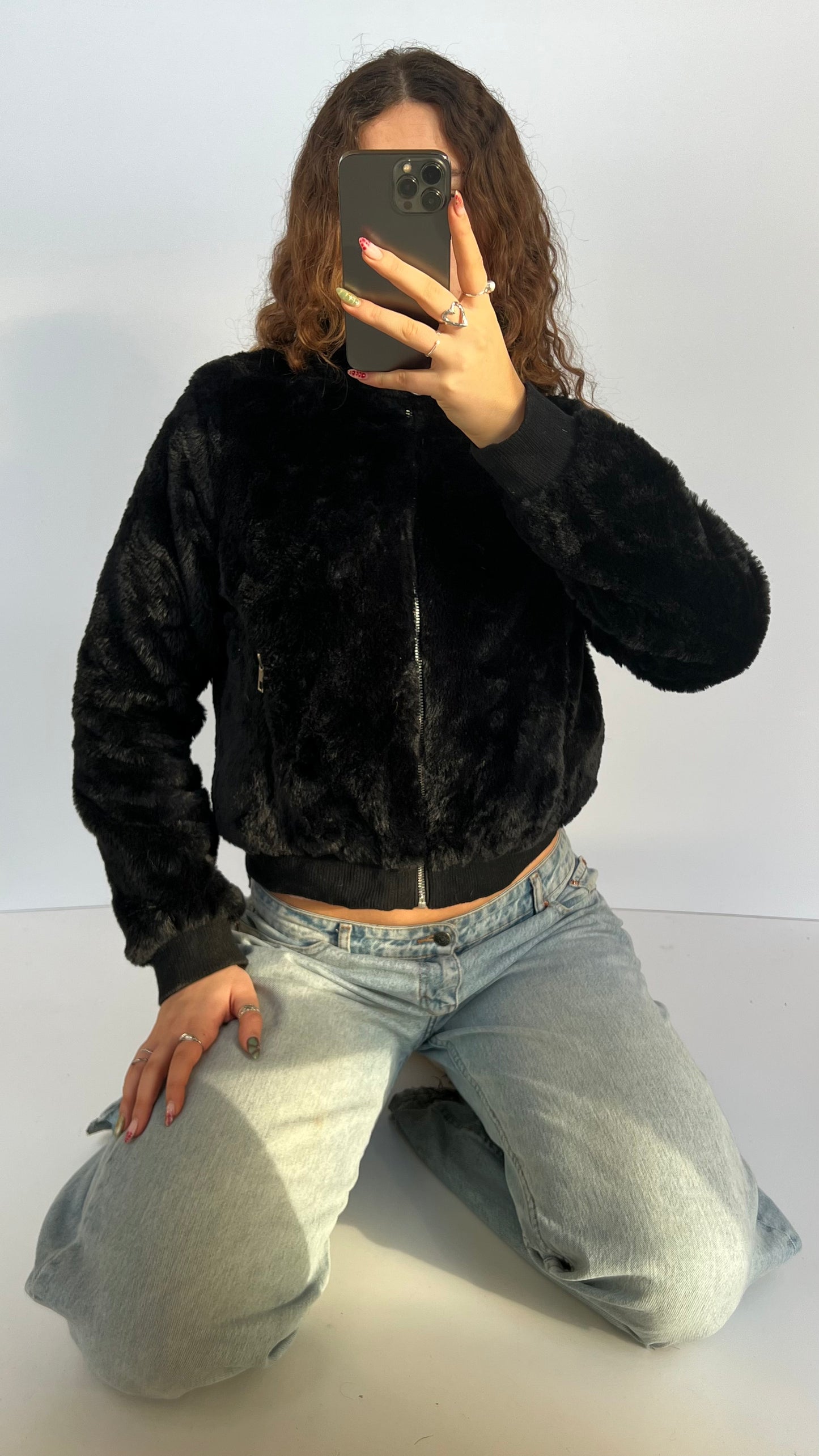 00s black fur jacket- size L