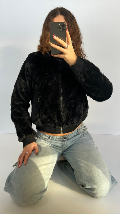 00s black fur jacket- size L