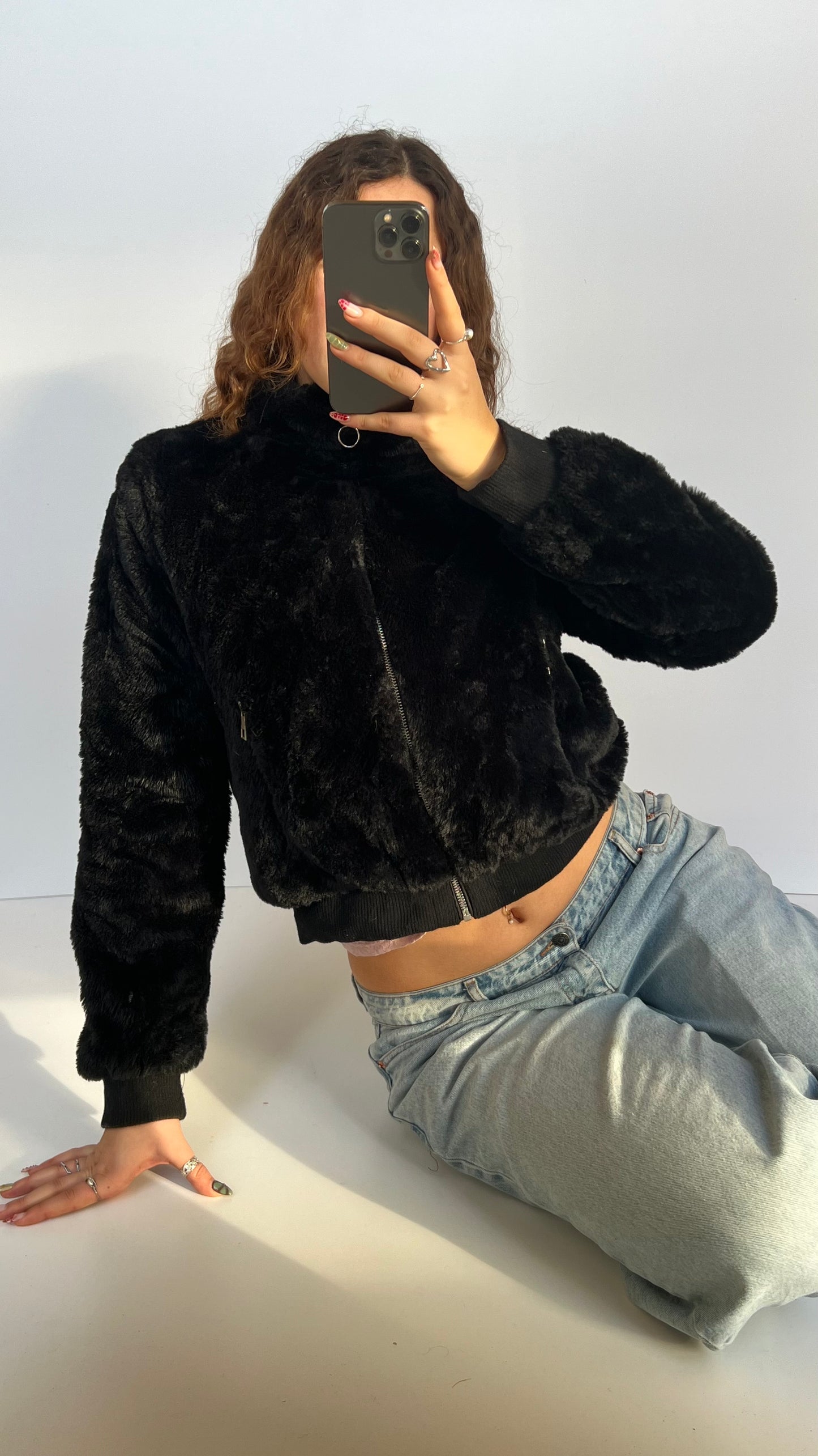 00s black fur jacket- size L