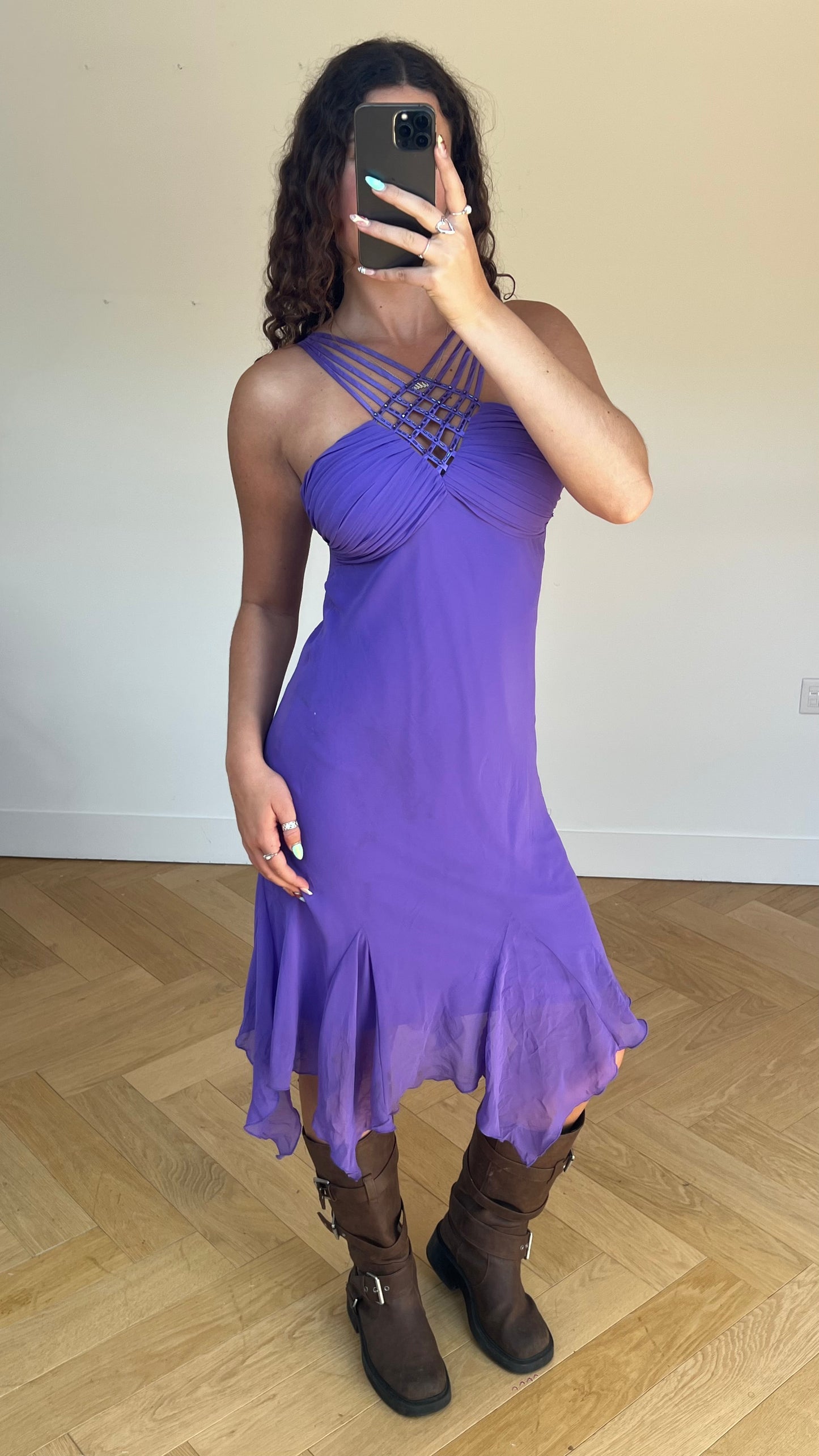 00s purple mesh midi dress- size M